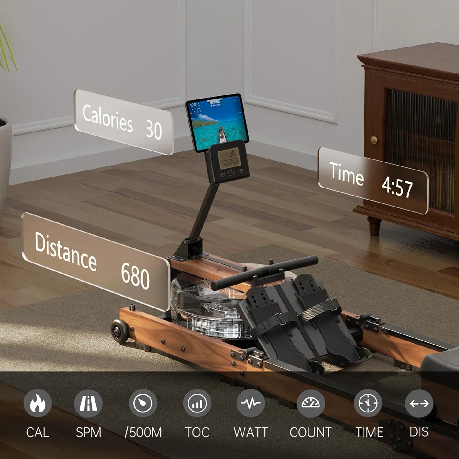 Kingsmith Water Rowing Machine WR3L,With Tri-Fold Patent,Water Resistance. Red Oak Color